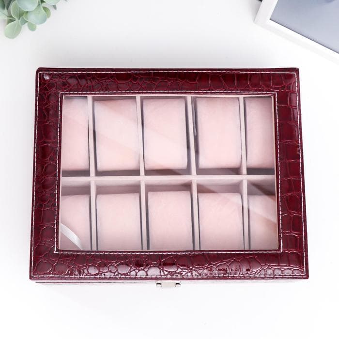 Шкатулка для часов 10 отделений «Бордо», с замком, искусственная кожа, 8×26×20 см