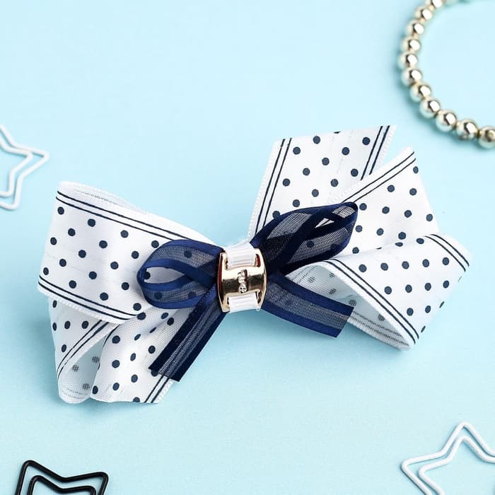 Бант для волос на резинке «Школьница», полоски горох, 8 см, бело-синий