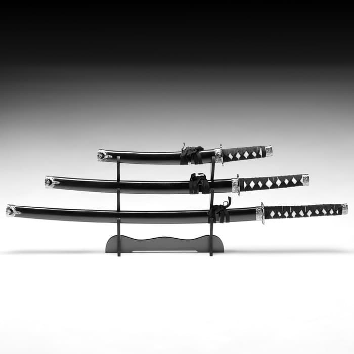 Макет оружия «Сувенирные катаны на подставке 3в1. Чёрный глянец», подарочный набор, ножны дерево, 53 см; 76 см; 101 см