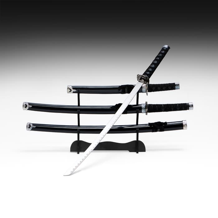 Макет оружия «Сувенирные катаны на подставке 3в1. Чёрный глянец», подарочный набор, ножны дерево, 53 см; 76 см; 101 см