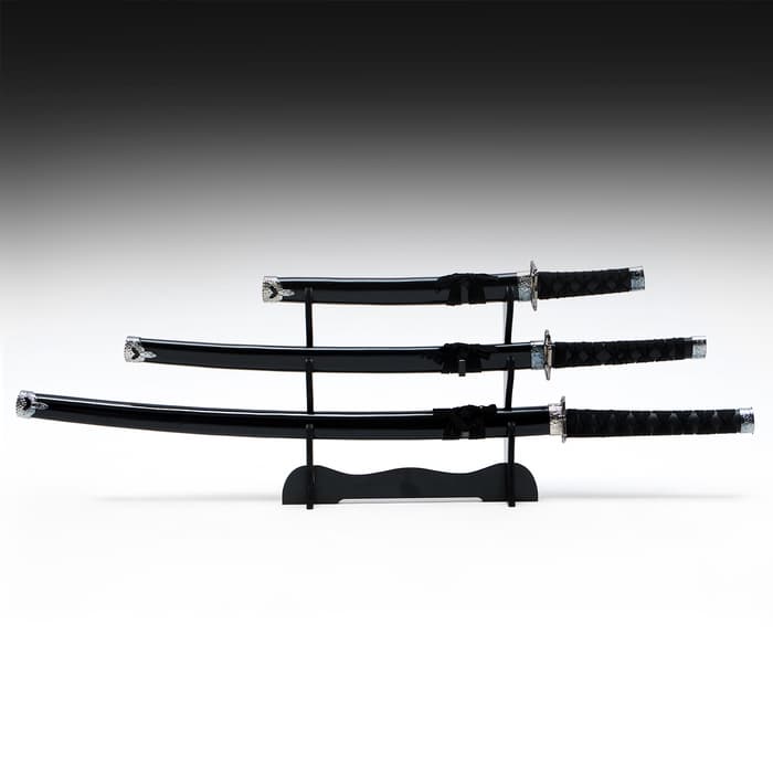 Макет оружия «Сувенирные катаны на подставке 3в1. Чёрный глянец», подарочный набор, ножны дерево, 53 см; 76 см; 101 см