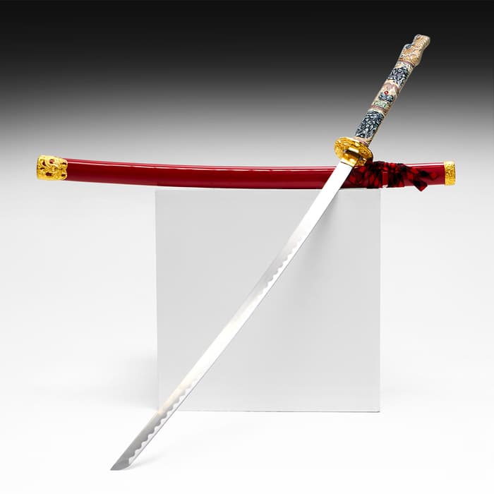 Макет оружия «Сувенирная катана на подставке», красные ножны, голова дракона на рукоятке, 108 см