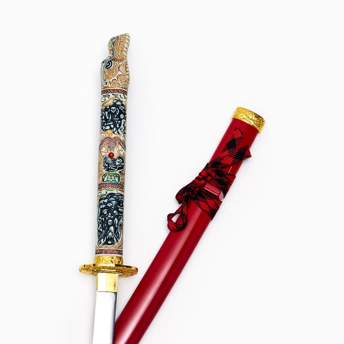 Макет оружия «Сувенирная катана на подставке», красные ножны, голова дракона на рукоятке, 108 см