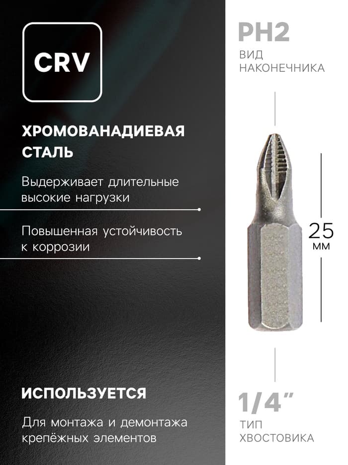 Биты ТУНДРА, намагниченные, сталь CrV, PH2×25 мм, 2 шт.