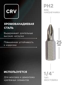 Биты ТУНДРА, намагниченные, сталь CrV, PH2×25 мм, 2 шт.