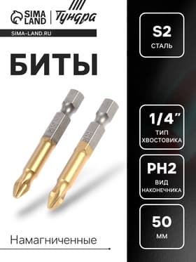 Биты ТУНДРА, намагниченные, сталь S2, 58-60 HRC, TiN, PH2×50 мм, 2 шт.