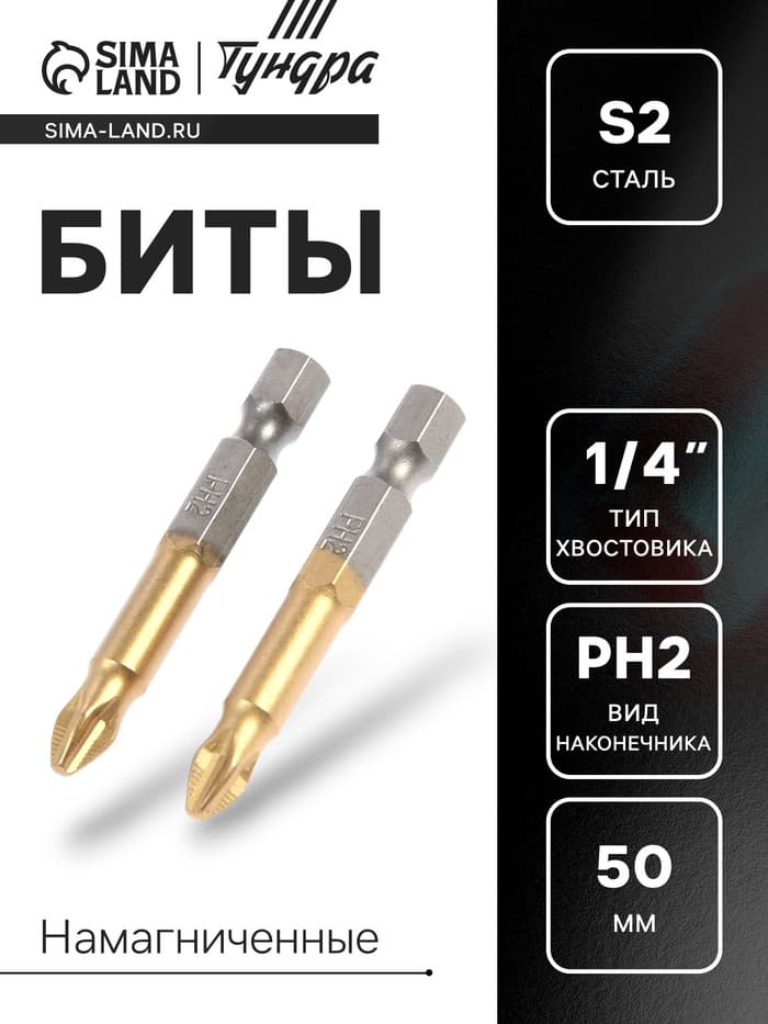 Биты ТУНДРА, намагниченные, сталь S2, 58-60 HRC, TiN, PH2×50 мм, 2 шт.