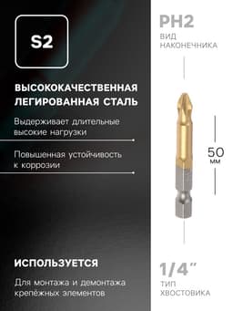 Биты ТУНДРА, намагниченные, сталь S2, 58-60 HRC, TiN, PH2×50 мм, 2 шт.