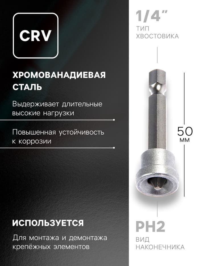 Бита с ограничителем ТУНДРА, для гипсокартона, сталь CrV, PH2×50 мм