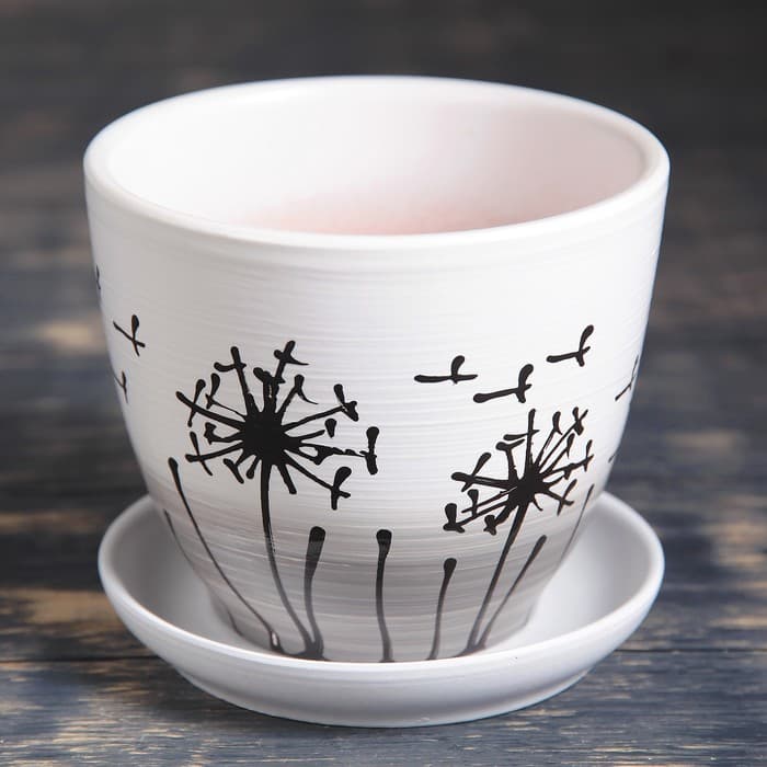 Горшок для цветов «Одуванчик», 1 л, d=15 см, h=13 см, керамика, с поддоном, белый