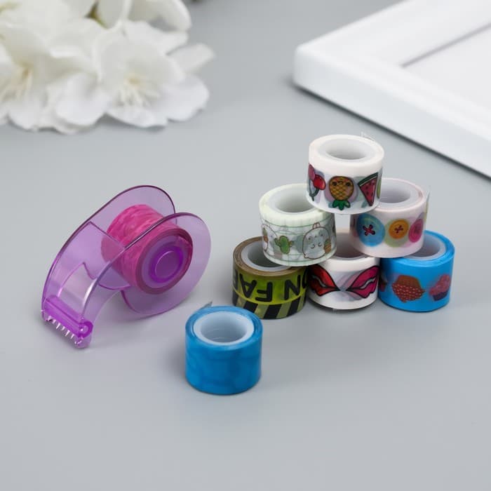 Клейкая лента декоративная с держателем, набор 8 шт., ш. 1.2 см, дл. 2.8 м, МИКС