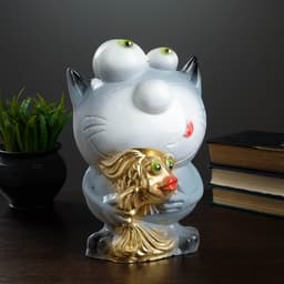 Копилка для денег «Кот с рыбкой», гипс, серый, 16×14×25.5 см, МИКС