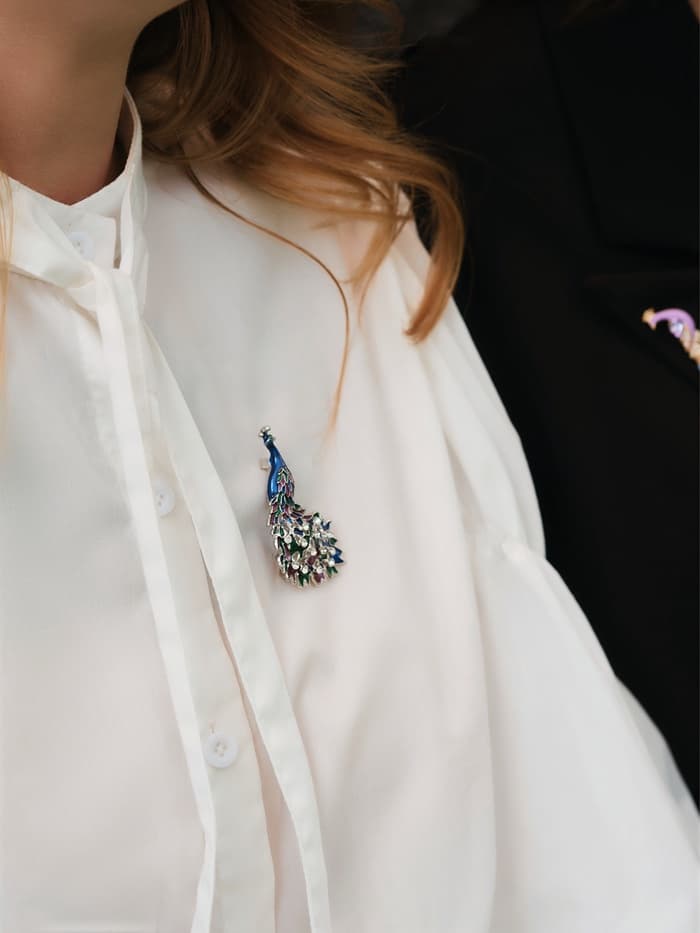 Брошь «Павлин роскошный», разноцветная в серебре