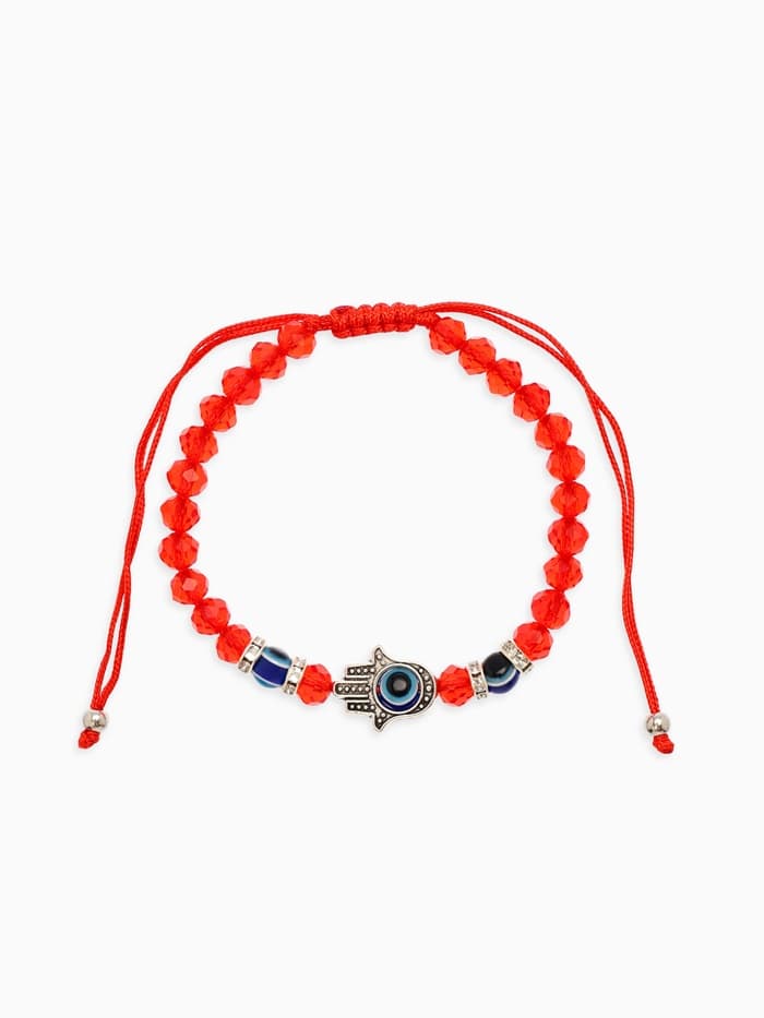 Браслет-оберег «Красная нить», рука счастья Хамса, хрусталики, синий в чернёном серебре, d=8 см