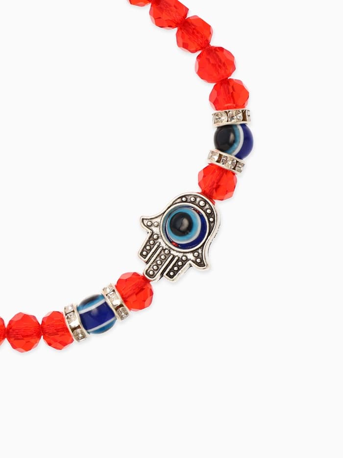 Браслет-оберег «Красная нить», рука счастья Хамса, хрусталики, синий в чернёном серебре, d=8 см
