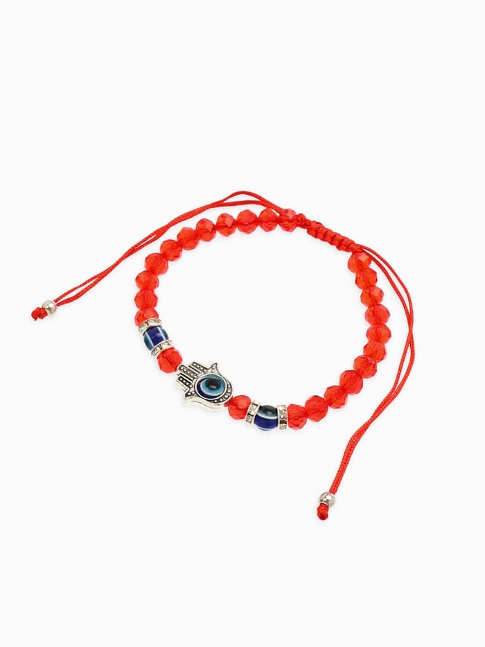 Браслет-оберег «Красная нить», рука счастья Хамса, хрусталики, синий в чернёном серебре, d=8 см