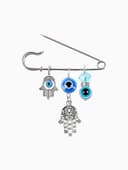 Булавка-оберег 3 подвески «Рука Хамса с бусиной», 5 см, синяя в серебре