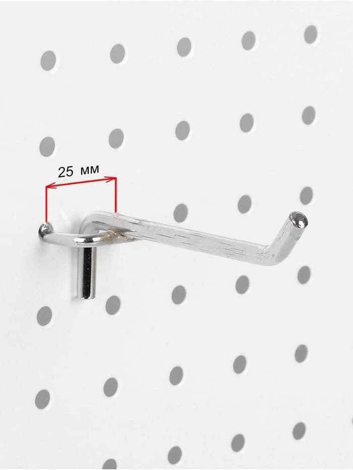 Крючок одинарный для металлической перфорированной панели, d=6 мм, L=10 см, шаг 25 мм, цвет хром