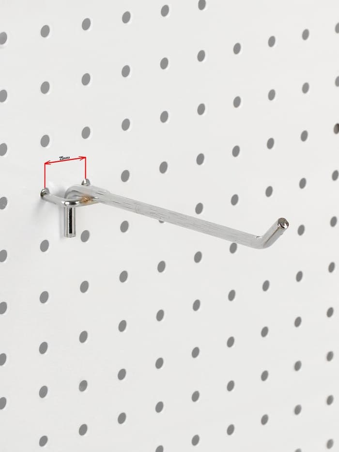 Крючок одинарный для металлической перфорированной панели, d=6 мм, L=15 см, шаг 25 мм, цвет хром