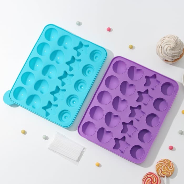 Форма для леденцов «Сладости-радости», силикон, 23x19x3 см, 20 ячеек, с палочками, цвет МИКС