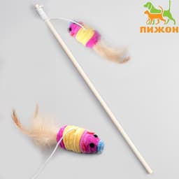 Дразнилка для кошек, 40 см, с махровой мышкой 7 см, на деревянной палочке, МИКС