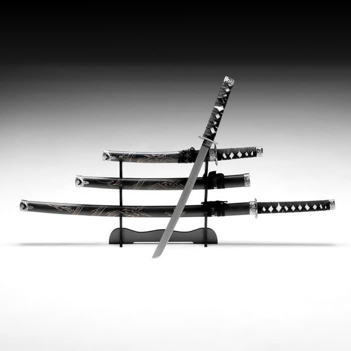 Макет оружия «Сувенирные катаны на подставке 3в1. Чёрный дракон», подарочный набор, ножны дерево, 51 см; 71 см; 100 см