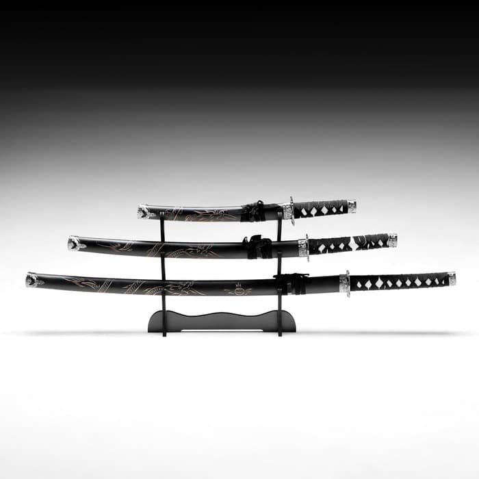 Макет оружия «Сувенирные катаны на подставке 3в1. Чёрный дракон», подарочный набор, ножны дерево, 51 см; 71 см; 100 см