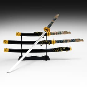 Макет оружия «Сувенирные катаны на подставке 3в1. Голова дракона», подарочный набор, ножны дерево, чёрный, 60 см; 90 см; 108