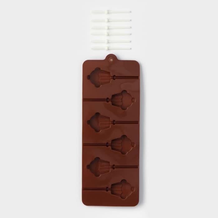 Форма для леденцов Доляна «Кексик», силикон, 25×9.5×1.5 см, 6 ячеек, с палочками, коричневая