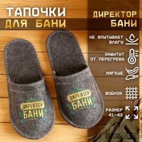 Тапочки для бани с вышивкой «Директор бани», шерсть 30%, полиэфир 70%, серые