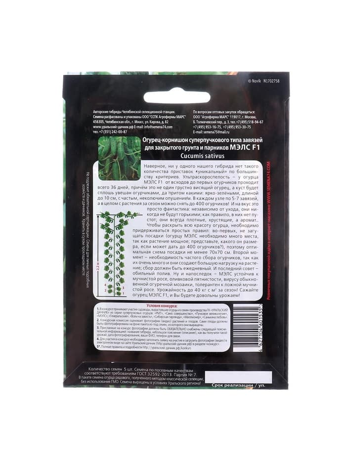 Семена огурец корнишон «Мэлс», F1, партенокарпический, 5 шт., «Уральский дачник»