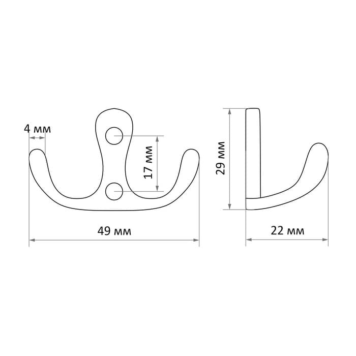 Крючок мебельный ТУНДРА TKd=005, двухрожковый, медь, 5 шт.