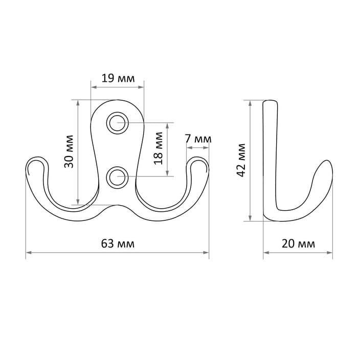 Крючок мебельный ТУНДРА TKd=006, двухрожковый, хром