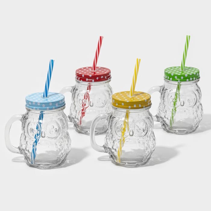 Кружка с крышкой и трубочкой «Сова», 470 мл, 10×11.5×12.5 см, стекло, МИКС