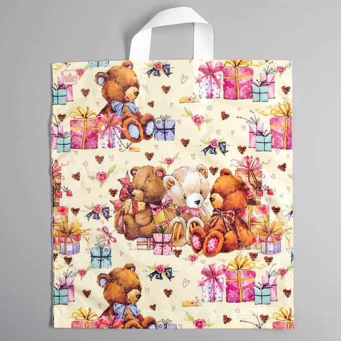 Пакет «Мишки с подарками», полиэтиленовый с петлевой ручкой, 42×38 см, 33 мкм