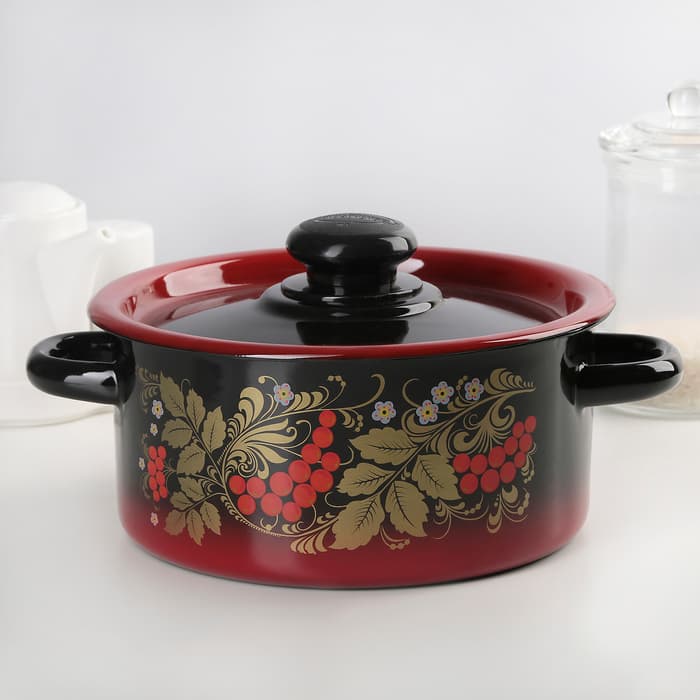 Кастрюля эмалированная «Рябинушка», 2 л, d=18 см, с крышкой, ручка МИКС, чёрная, красная