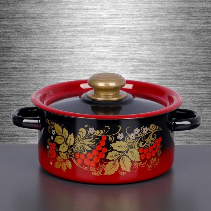 Кастрюля эмалированная «Рябинушка», 2 л, d=18 см, с крышкой, ручка МИКС, чёрная, красная