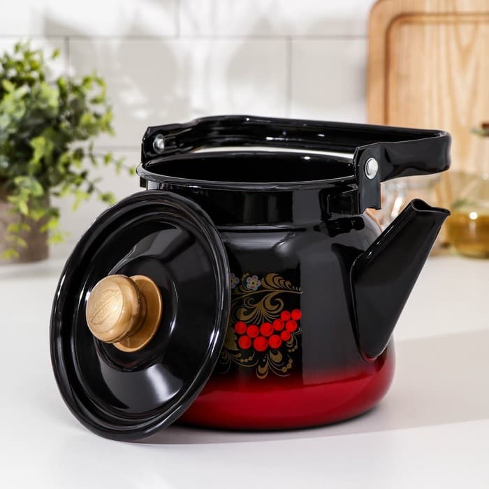 Чайник эмалированный «Рябина», 2.3 л, красно-чёрный, деколь МИКС