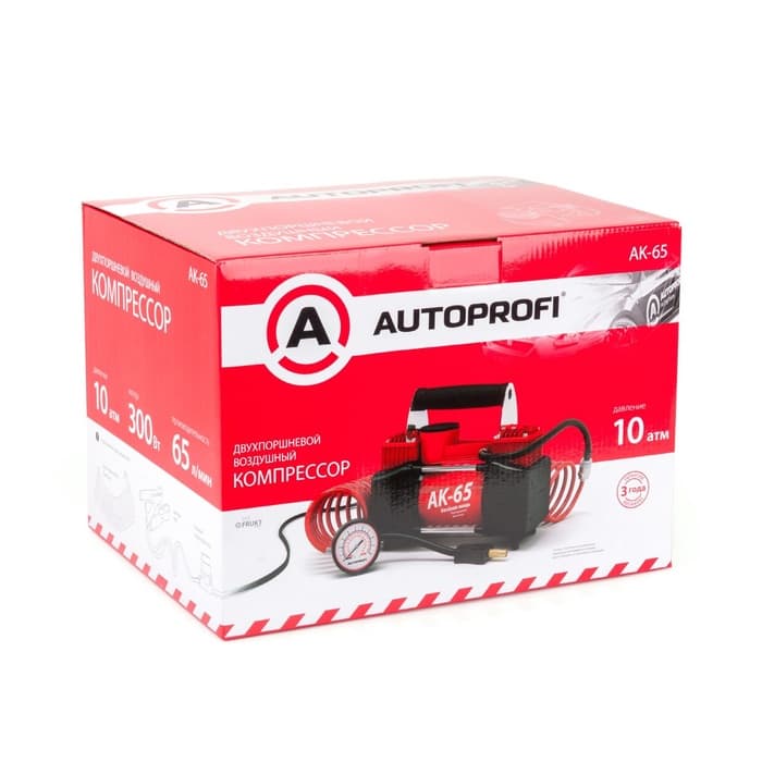 Компрессор автомобильный AUTOPROFI AK-65, двухпоршневой, металлический, 12V, 300W, производительность 65 л/мин, сумка