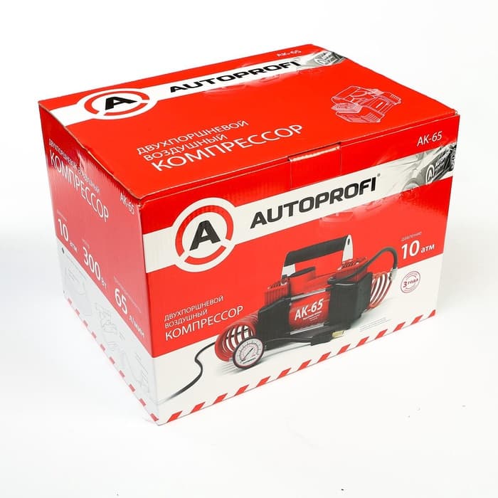 Компрессор автомобильный AUTOPROFI AK-65, двухпоршневой, металлический, 12V, 300W, производительность 65 л/мин, сумка