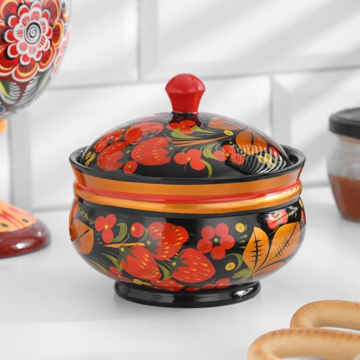 Сахарница дерево хохлома «Ягодка», 11×12 см, МИКС