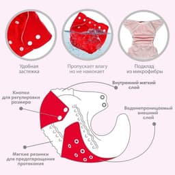 Многоразовый подгузник, 3-8 кг, красный, Крошка Я