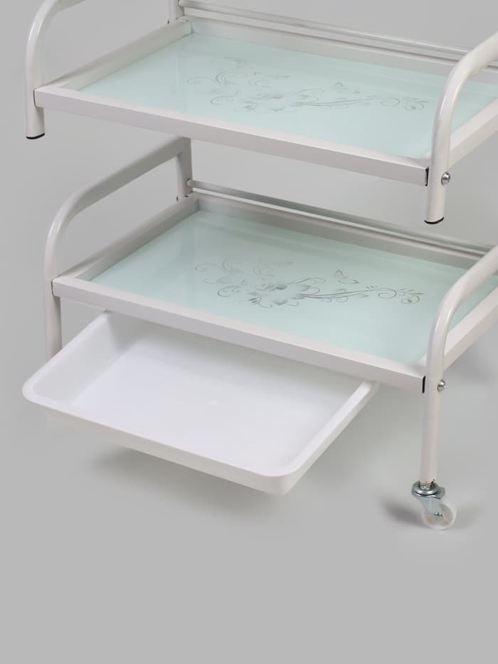 Столик косметолога 52×32×80, на колеса×, 3 полки, белый (РИСУНОК НА СТЕКЛЕ МИКС)