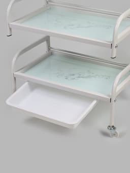 Столик косметолога 52×32×80, на колеса×, 3 полки, белый (РИСУНОК НА СТЕКЛЕ МИКС)