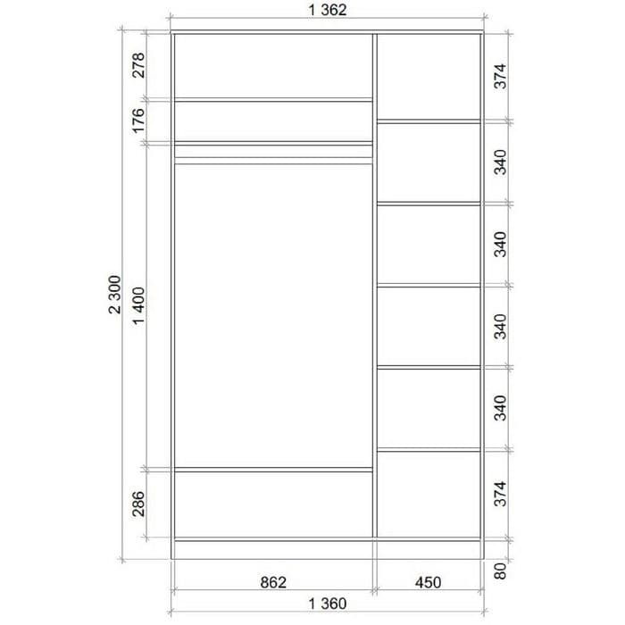 Шкаф – купе «Хит-23-14-55», 1360×620×2300 мм, с зеркалом, цвет ясень шимо светлый