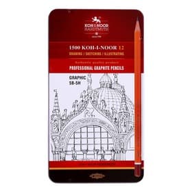 Набор карандашей чернографитных Koh-i-Noor 1502/III, 12 штук, разной твёрдости, шестигранные, деревянные, в металлическом пенале