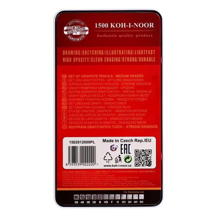 Набор карандашей чернографитных Koh-i-Noor 1502/III, 12 штук, разной твёрдости, шестигранные, деревянные, в металлическом пенале