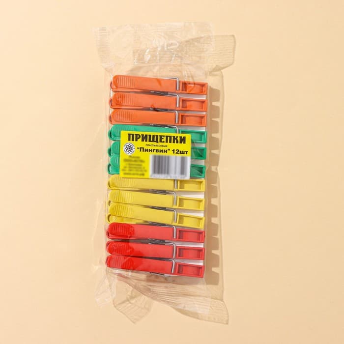 Прищепки бельевые «Пингвин», 8 см, 12 шт., цвет МИКС