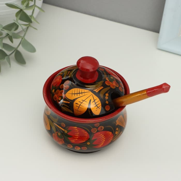 Сахарница дерево хохлома «Красота» с ложкой, 10×9 см