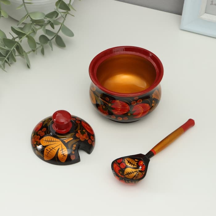 Сахарница дерево хохлома «Красота» с ложкой, 10×9 см